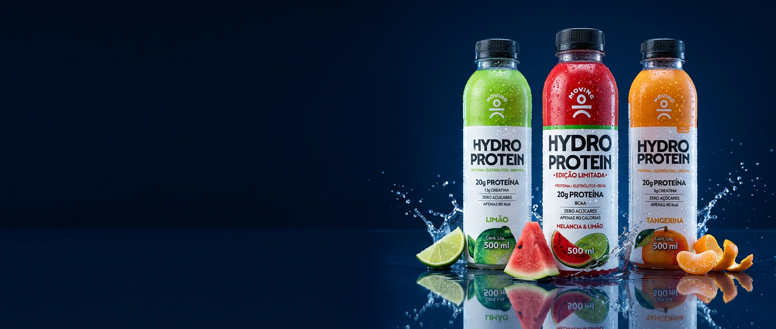 Bebidas Moving Hydro Protein sabores limão, melancia e tangerina