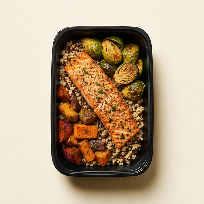 Salmão com quinoa e legumes assados