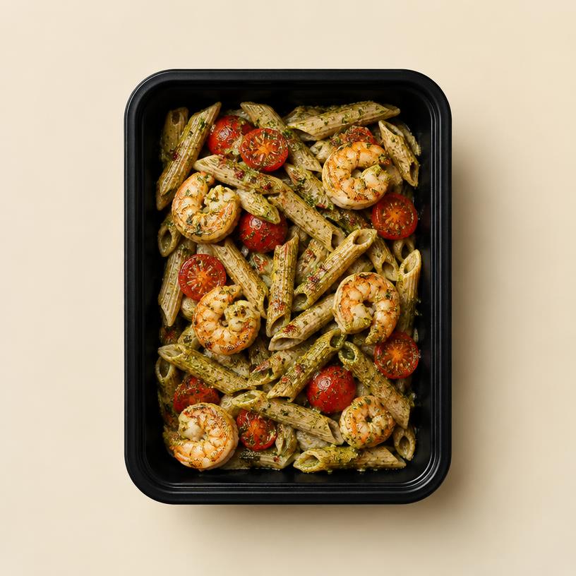 Penne integral com camarão ao pesto