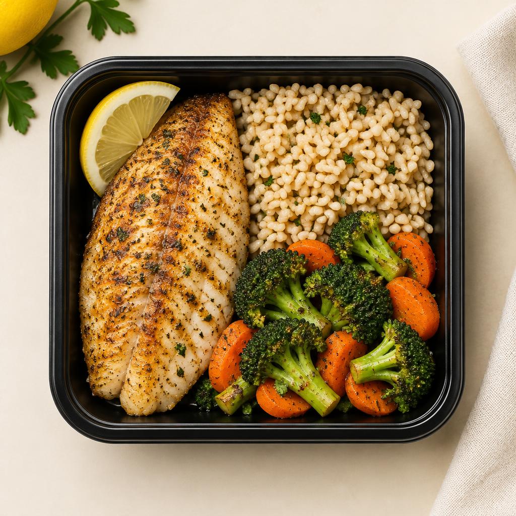 Tilápia com arroz integral e legumes
